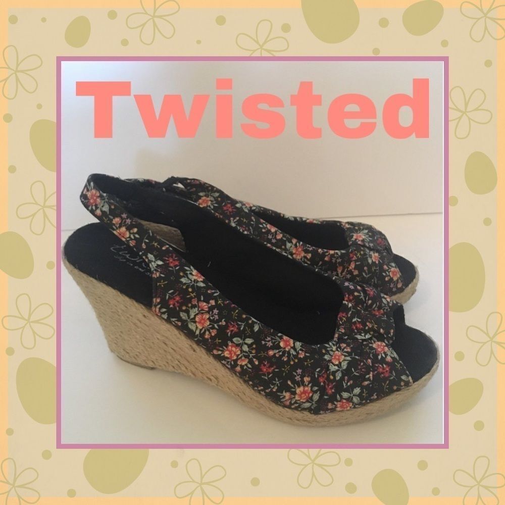 Twisted Black Floral Espadrille Wedge Sandals 10